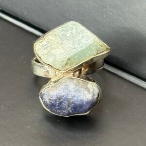 Sterling Silver Aquamarine and Tanzanite Ring Genuine Tanzanite Ring Rough Cut